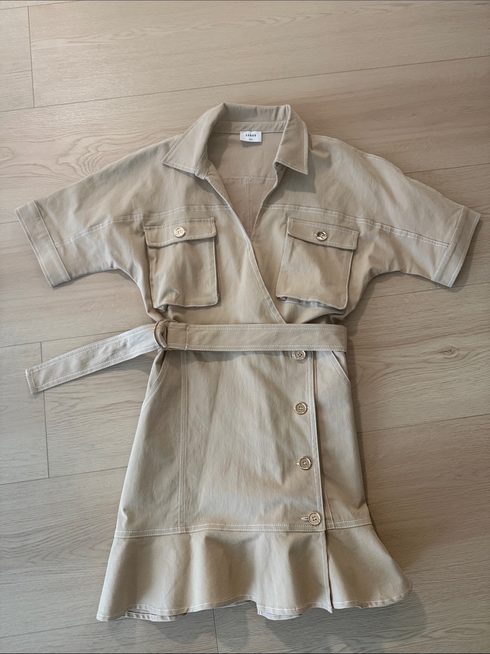 Lightweight Beige Utility Shirt Dress with Belt